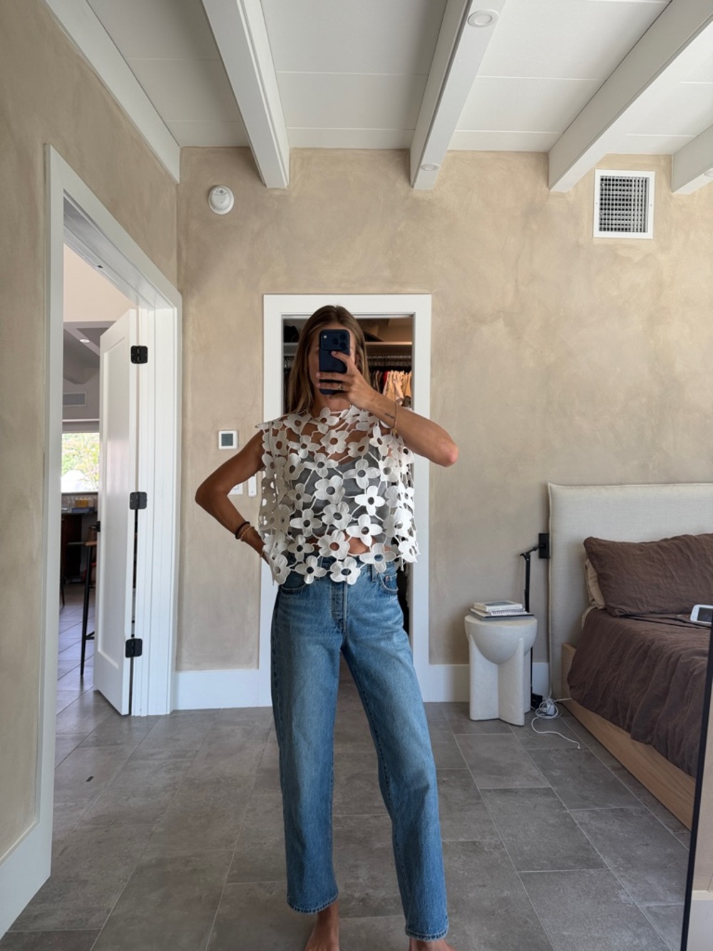 Anthropology Woven Floral Cutout Crop Top - White